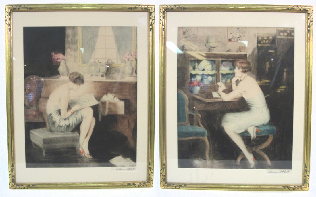 Two William Ablett Aquatints - Winsome Woman: Both depict young women in flapper evening dresses looking lovelorn with letters in their hands. Both boldly signed in margin at bottom right "William Ablett". [Art: 19" X 15". Frames 20" X 25"]. Ligh