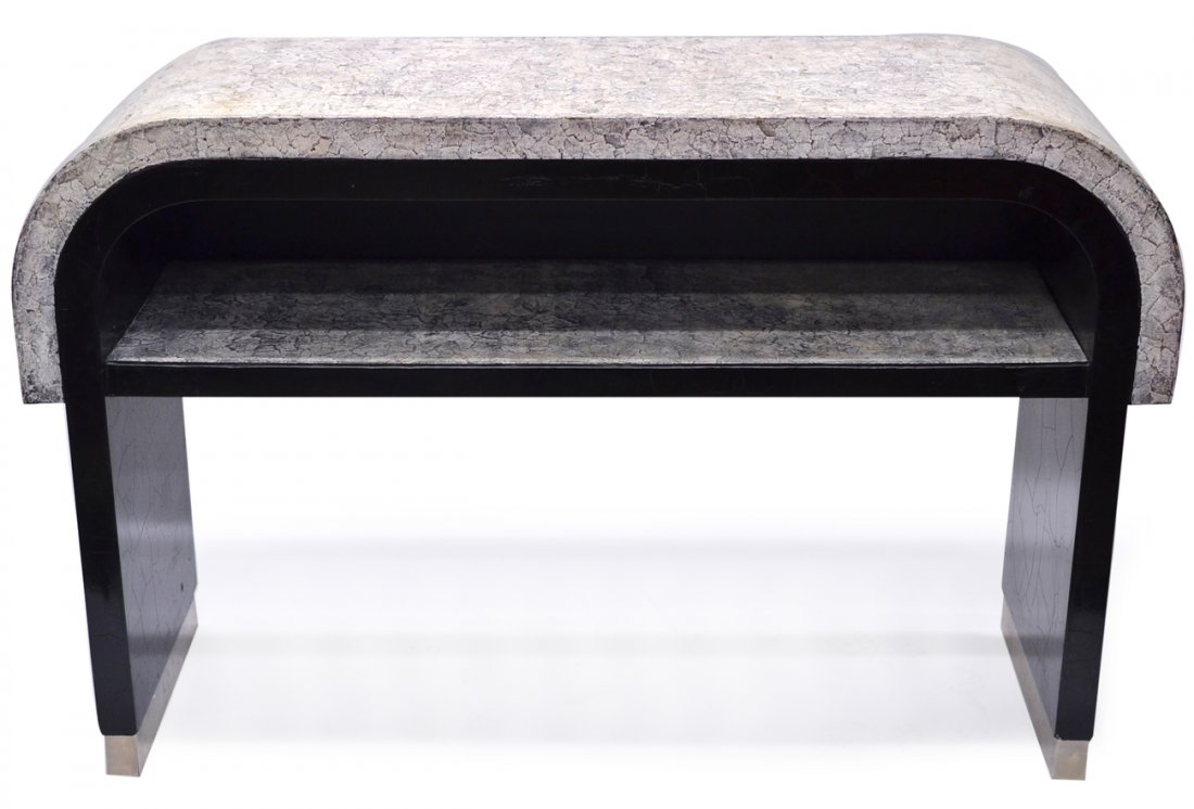 Karl Springer Manner Console: Eggshell lacquered two-tier U-shaped console. [54" x 18" x 34" H]. One leg missing brass veneer.