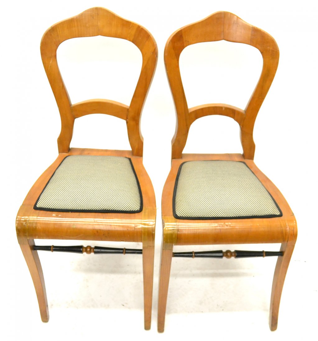 Pair Biedermeier Style Chairs: Pair of walnut and plaid upholstered side chairs. [Back: 36 1/4" H; To seat: 18 1/2"]. Good condition.