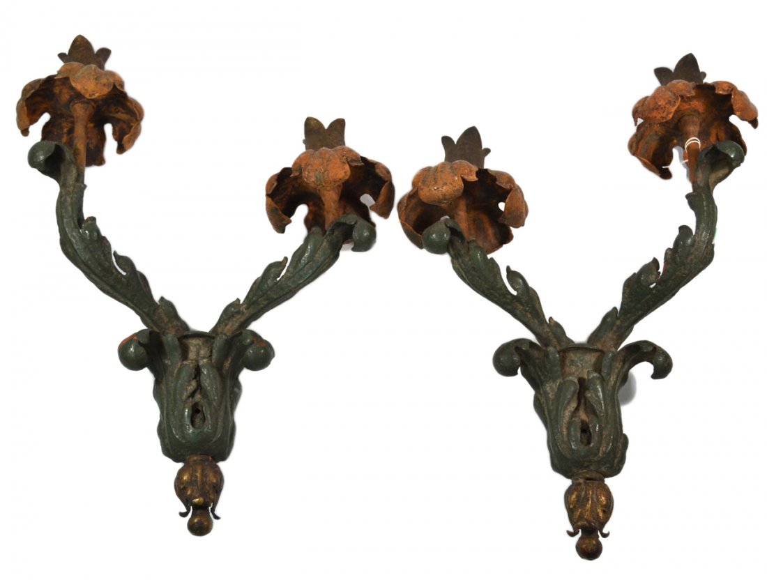 Pair of Floral Tole Sconces: Pair of tole 2-light decorated sconces.