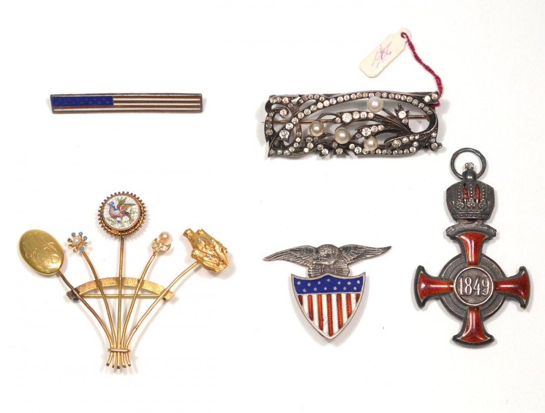 Assorted. Sterling Silver and Costume Pins: Comprises: 1.) Sterling silver enamel pin with eagle above federal shield [1 1/4" H]; 2.) Sterling silver enamel American flag bar pin [1 7/8" W]; 3.) Vintage Franz Joseph enameled medal [2 1/2 "H]; 4