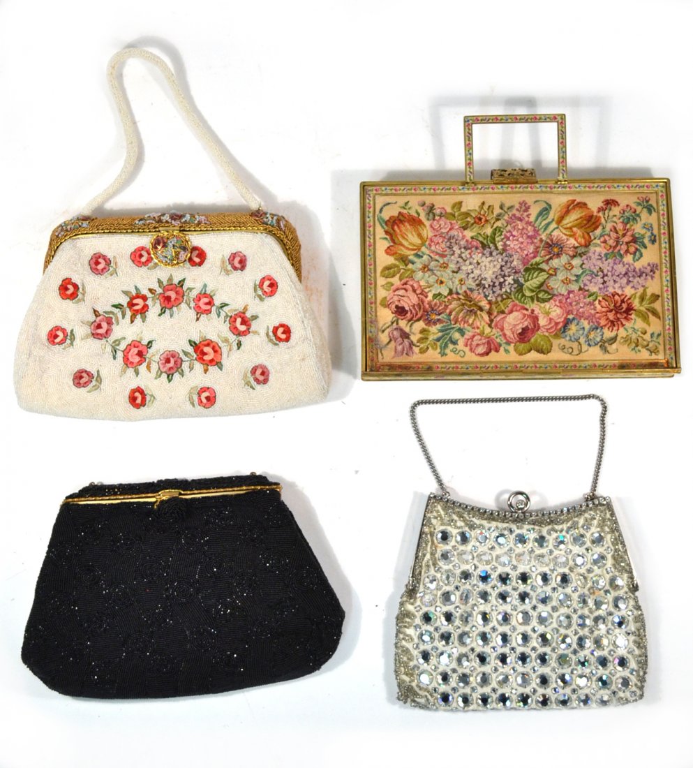 Four Ladies Purses: Comprises two beaded examples, one mounted with paste stone, the last with fitted interior. all in good condition.