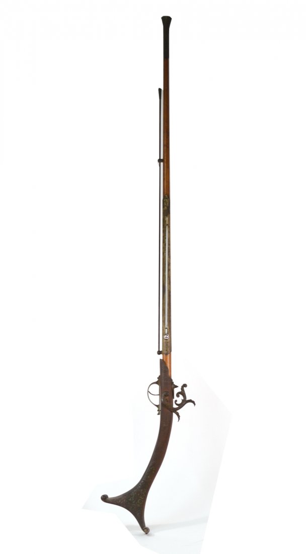 Decorative Rifle-form Thermometer: Wall mount facsimile cross-section antique Flemish-style rifle mercury thermometer. [56" H]. Glass intact. Some wear.