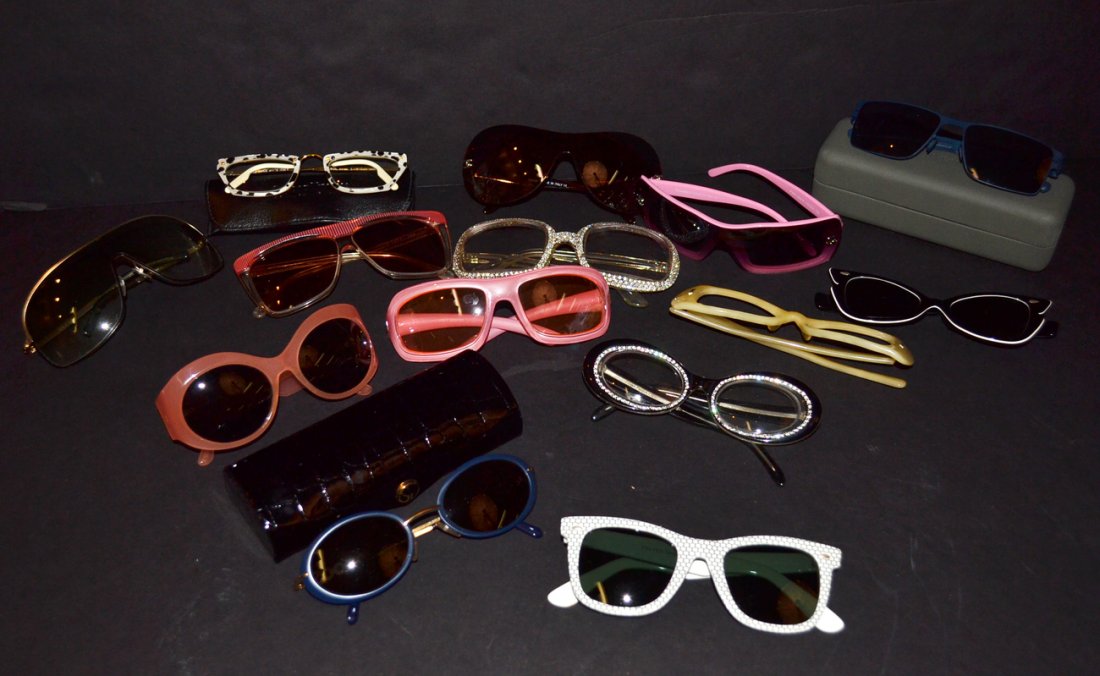 13 Eyewear Frames Including Two Chanel Frames: Names include Caloban, St. John, Foster Grant, Krizia, Levrard, Sunmode, Gene Lafont, Gucci, Mykita, Chanel, and Sanford Hutton.