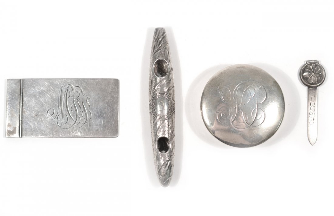 Four Silver Articles: Includes circular box, notebook cover, bookmark, and cigar ornament. 3.2 ozt.