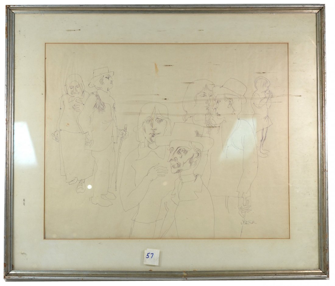 Endre Szarz - Figural Study: Pen on paper; [Art: 22 1/2" x 18". Frame: 30" x 25"]. Toning and creasing, as well as losses to frame.