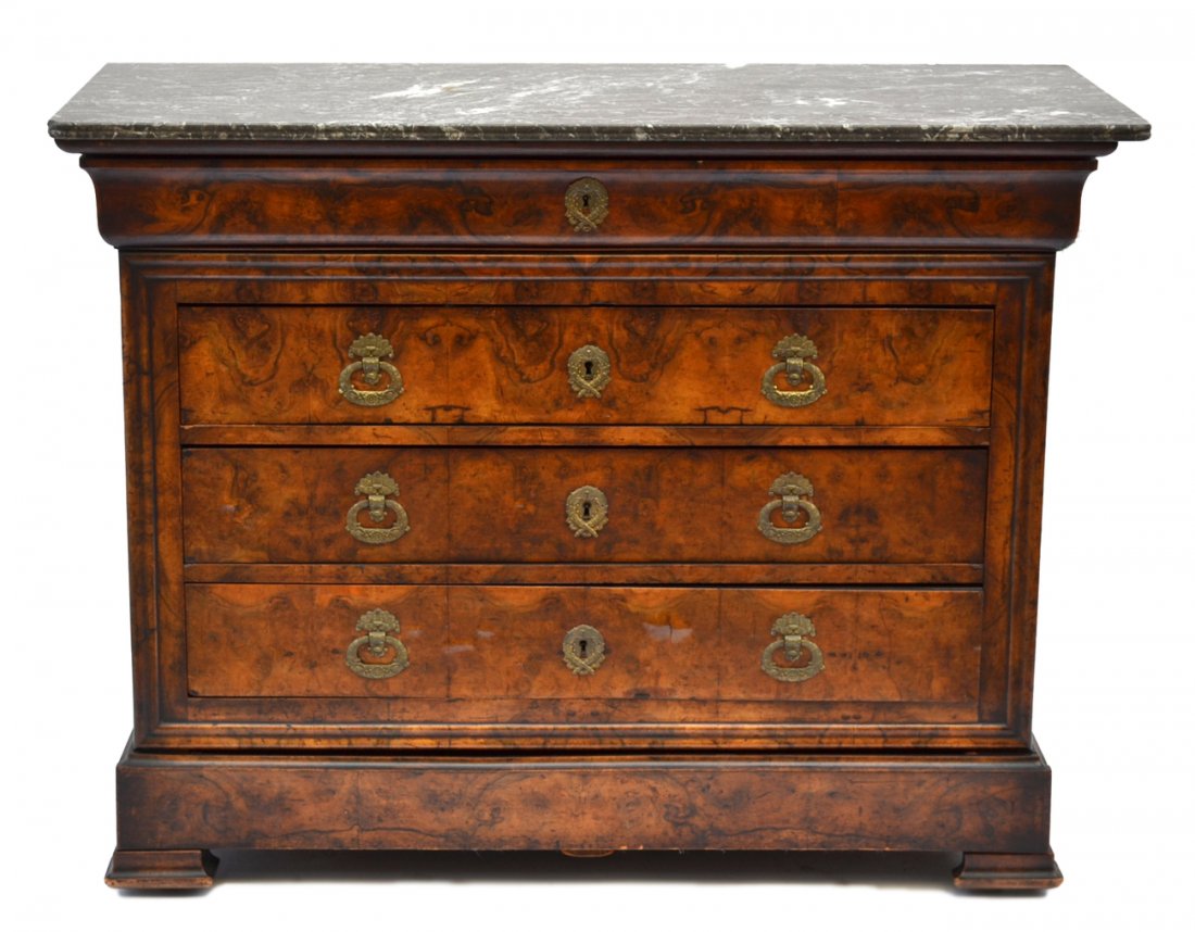 Antique American Marble Top Commode: Walnut veneer four-drawer commode with brass wreath escutcheons and floral pulls. [47 3/4" W x 21" D x 38 1/8" H]. Some veneer puckering and minor wear.