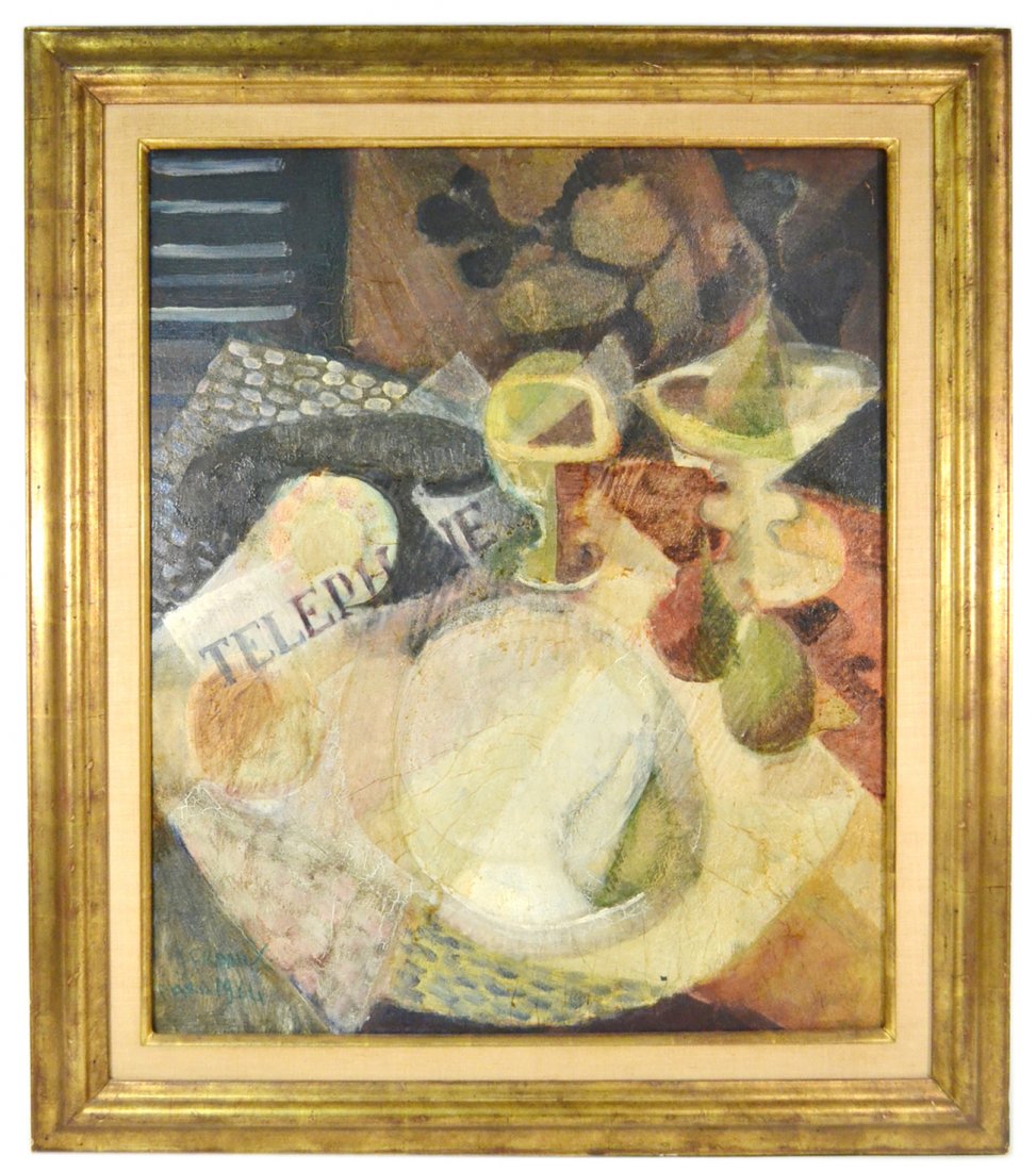 J. Franchi, Oil on Canvas - Still Life: Cubist style still life with fruit and text. Signed bottom left "J. Franchi/Paris 1964". [Art: 28" x 23"; Frame: 35 3/4" x 30"]. Light soiling. Provenance: From the Estate of renowned music and entert