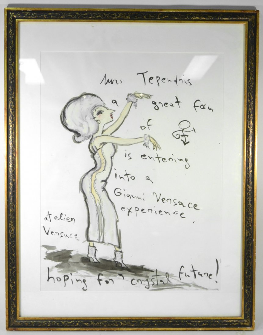 Konstantin Kakanias, Watercolor, Gouache: Whimsical fashion illustration depicting Kakanias' fictional character 'Mrs. Tependris' "...entering into a Gianni Versace experience". Titled at bottom "Hoping for a crystal future!". Unsigned. [Art: