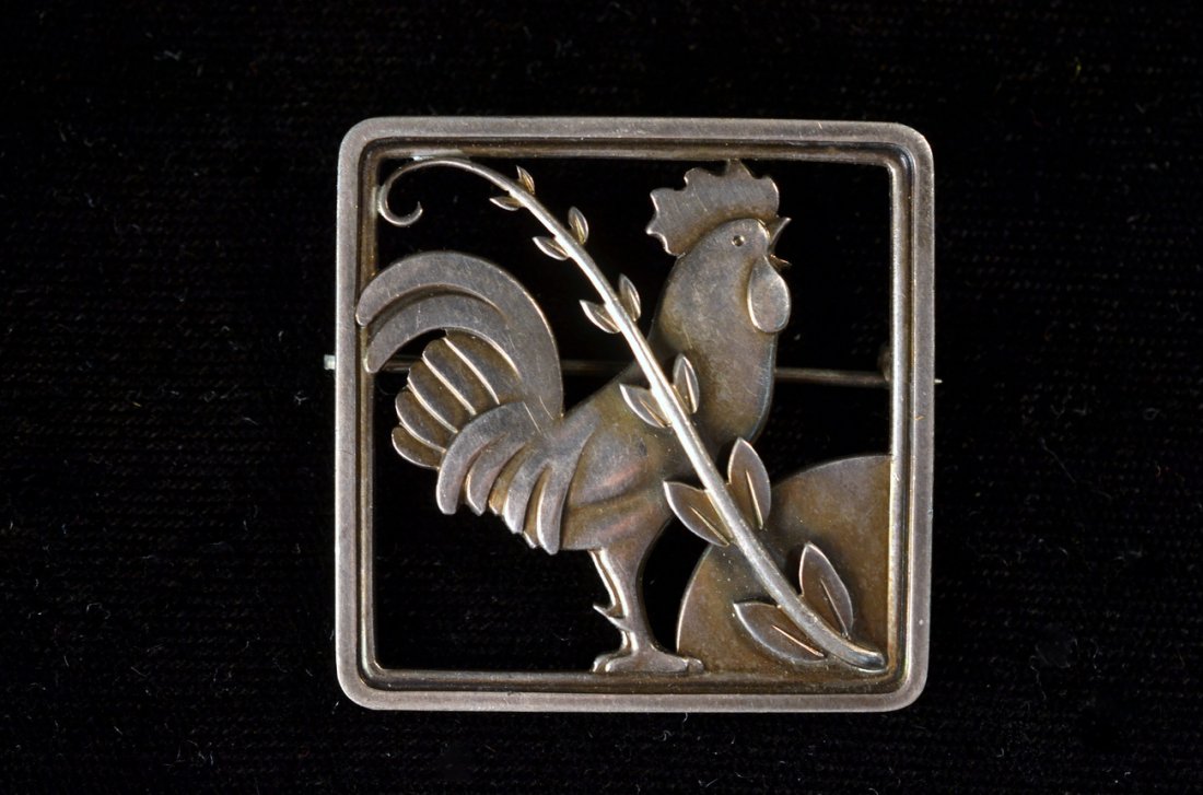 Georg Jensen Sterling Silver Pin: Sterling silver pin with crowing rooster. Georg Jensen, Denmark. Sterling, #276.