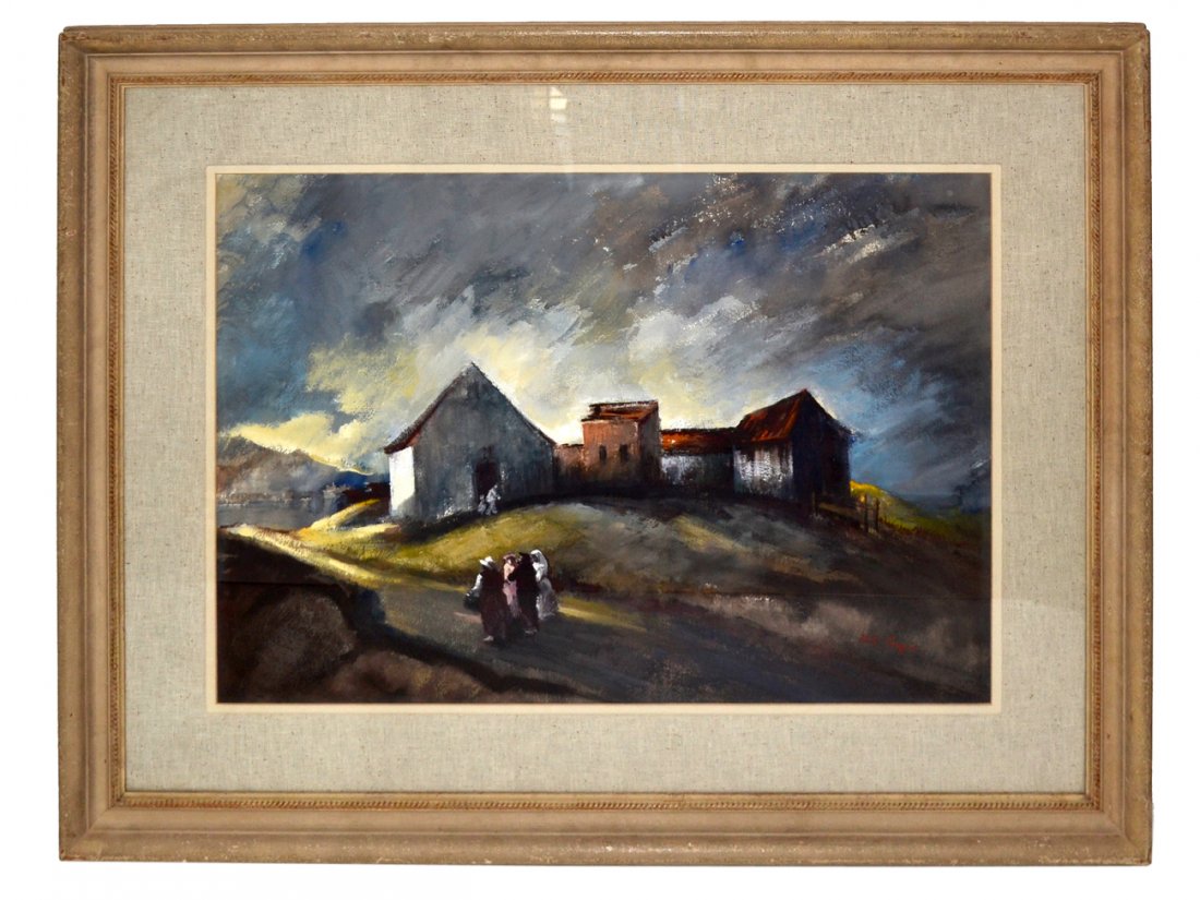 Hilde B. Kayne, W/C & Gouache "Sunday": Depicts a figure on a rural road approaching a group of clapboard buildings. Signed bottom right: "H.B. Kayne." Verso bears Milch and Elliot Galleries labels. [Art: 21 1/2" x 29 3/4"; Frame: 33 1/2" x
