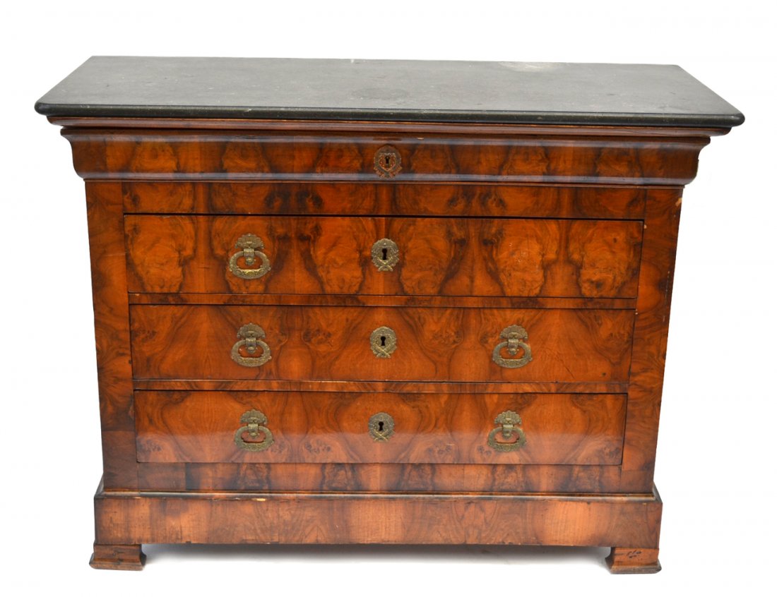 Antique American Marble Top Commode: Walnut veneer four-drawer commode with brass wreath escutcheons and floral pulls (one pull missing). [48" W x 21 " D x 38 1/4" H]. Few chips and wear at edges.