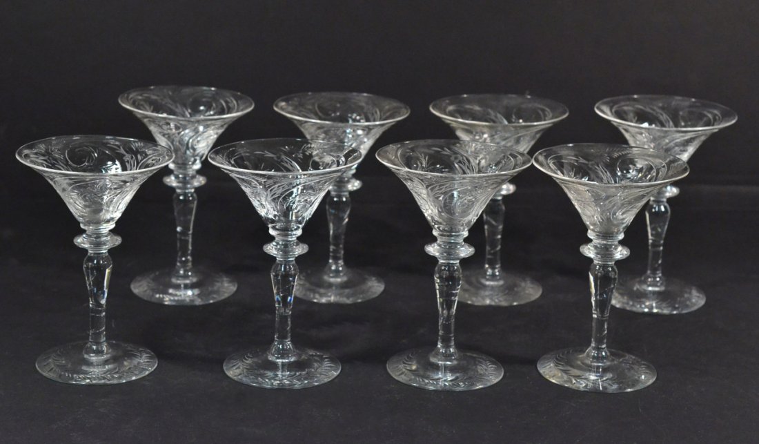 Set of 8 Crystal Wine Glasses: in the manner of Webb. [6 1/8" H]. In good condition.