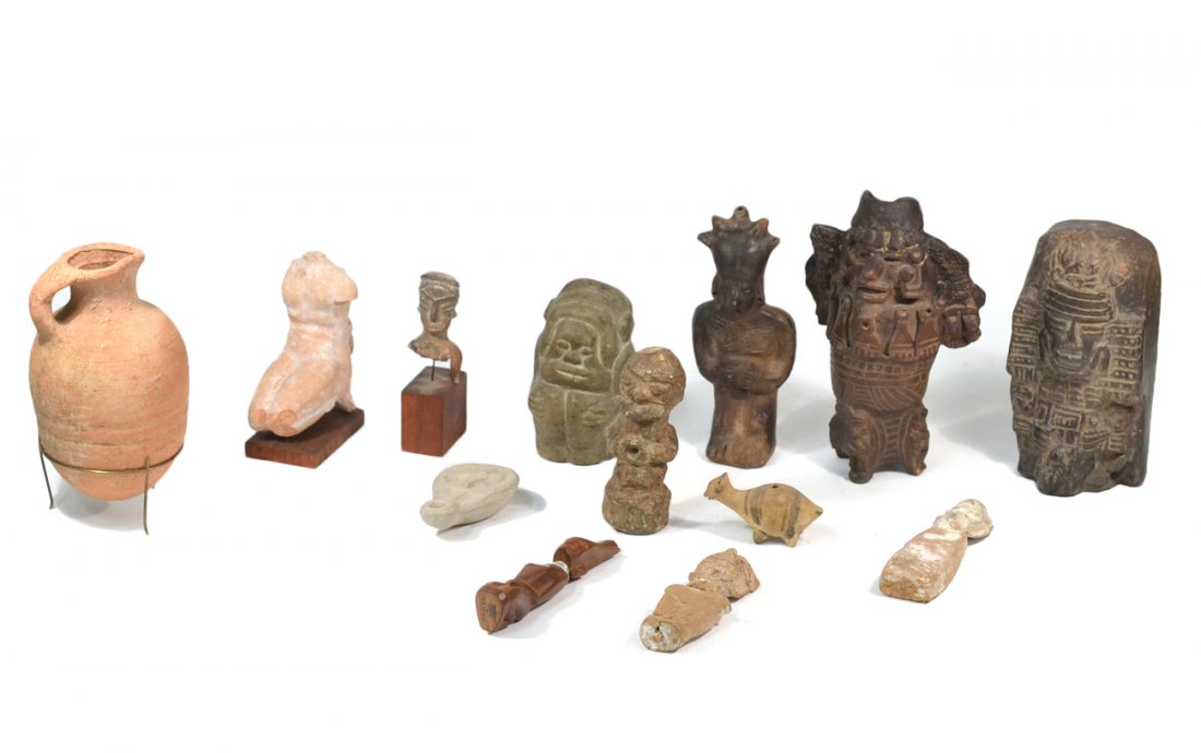 Assorted Central American Artifacts: Includes stone and ceramic examples. Varying ages, sold "as is". 13 pieces. [Largest: 5" W x 4 1/2" D x 8" H].