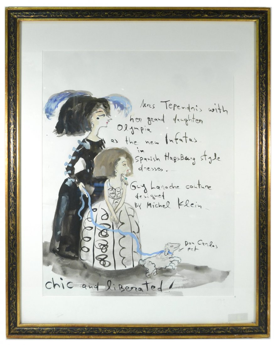 Konstantin Kakanias, W/C and Gouache: "Chic and Liberated". Whimsical fashion illustration depicting Kakanias' fictional characters "Mrs. Tependris" and her grand-daughter "Olympia" in "Guy Laroche Couture Designed by Michel Klein". Unsig