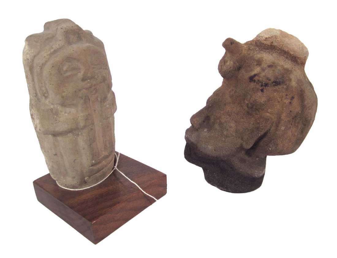 Two Antique Stone Carvings: Origins and age unknown. Slight losses to both. [Height of larger: 6" (with base)].