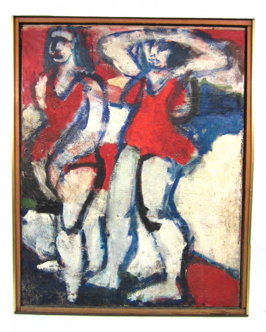 Manner of Lester Johnson Oil on Canvas: "Sun Bathers". Abstract depiction of two women in red bathing suits. Unsigned. Inscribed on verso "June 1961". Soiling and craquelure with some tenting and losses. Sold "as is". [Art: 40" x 32"; Frame