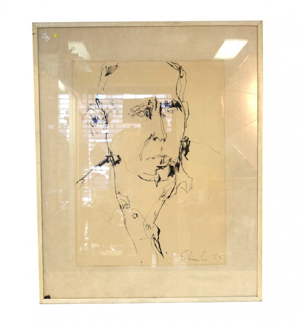 Jon Schueler, Ink on Paper - "Bob II": Semi-abstract portrait of B.H. Friedman in a bust-length, full profile pose. Signed bottom right "Schueler '65". [Image: 30" x 22 1/4" to edge of sheet; Frame 41 1/4" x 33 1/4"]. Toning and pin holes