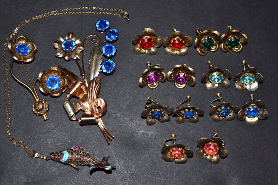 Vintage Sterling/Colored Stone Jewelry: Comprises 7 pairs of flower-form earrings with various colored paste stone centers, two flower-form pins with blue paste stones and an enamel segmented fish pendant necklace. 10 items total.