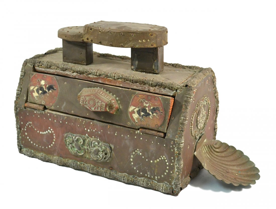 Folk Art Shoe Polish Box: Tramp art style brass and wood box with footplate handle. [16 1/4" W x 6 1/2" D x 9 1/4" H]. Heavily oxidized but otherwise in good vintage condition.