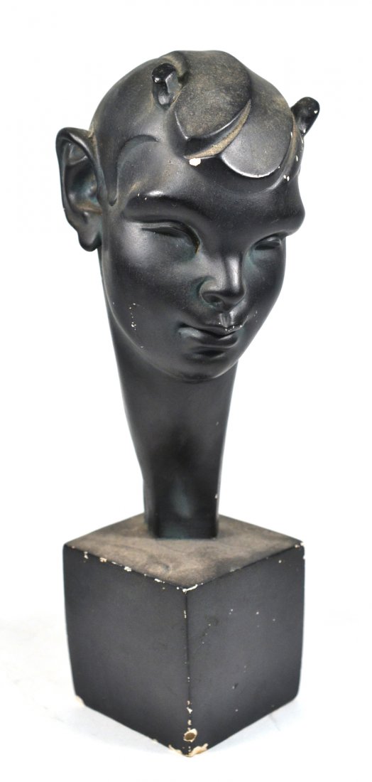 Vintage Fred Press Bust of "Pan": Stylized mid-century modern composition bust depiction of a youthful "Pan" complete with horn buds on an integral square plinth base. [4 1/4" W x 3 1/2" D x 12 7/8" H]. Scuffs and chips at edges.