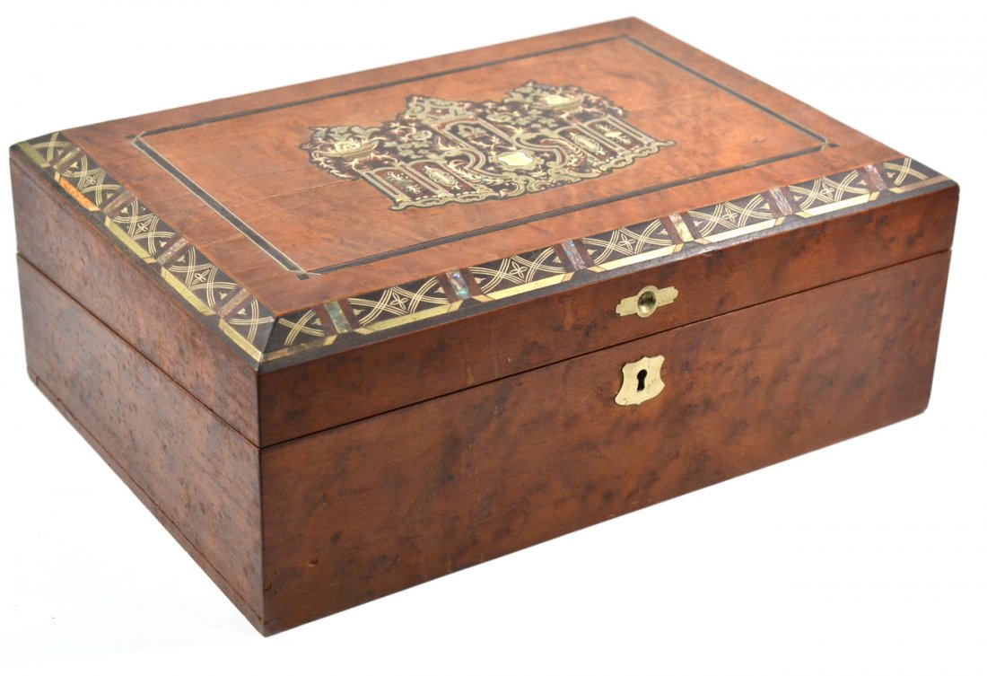 Inlaid Walnut Lap Desk: The box inlaid with metal and abalone and fitted with writing surface and interior compartments. [15" W x 10 3/8" D x 5 1/2" H]. Scratches and wear.