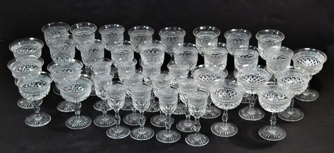 Set of 39 Webb Crystal Stems: Comprising 16 sherry glasses [5 1/2" H], 12 cordials [5" H], 11 wine glasses [4 1/2" H]. All in good condition.