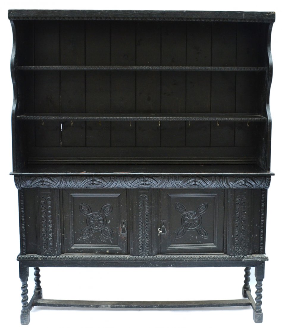 Tudor Style Hutch: Carved and painted base with two doors, spiral twist leg and stretch base, supporting a hutch top with two open shelves. [58 1/4"W x 16 3/4"D x 75"H]. Worn and with some mildew, but complete.
