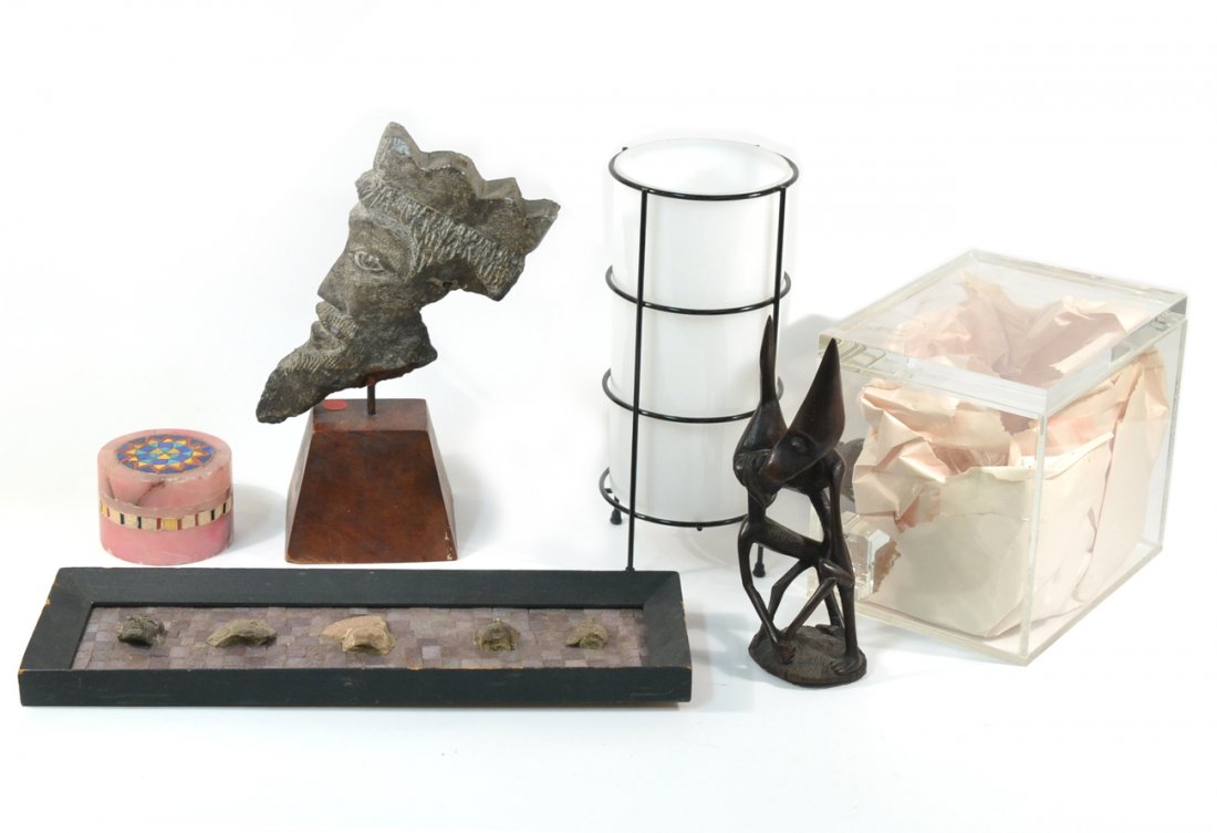 Assorted Decorative Articles: Includes sculpture, plaque with five pre-Columbian masks, hardstone box and assorted Lucite, etc.
