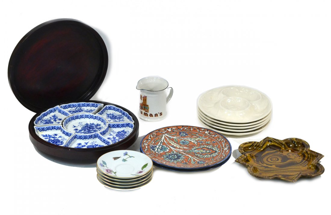 Assorted Ceramic Articles: Includes Italian faux bois plate, lazy susan, Royal Doulton jug, five Royal Worcester saucers, and more. [Largest: 13" dia]. Faux bois plate chipped. Lazy susan wood case with losses.