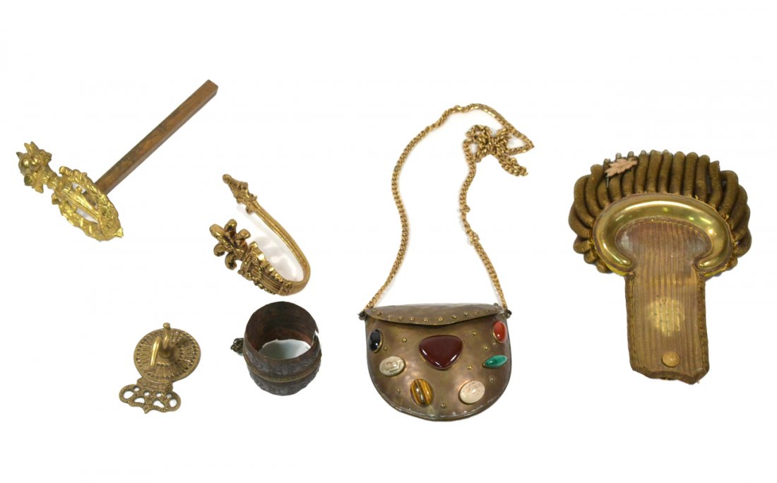 Assorted Metal Articles: Includes antique and vintage furniture mounts, clock parts, military epaulets, and more. All "as is".