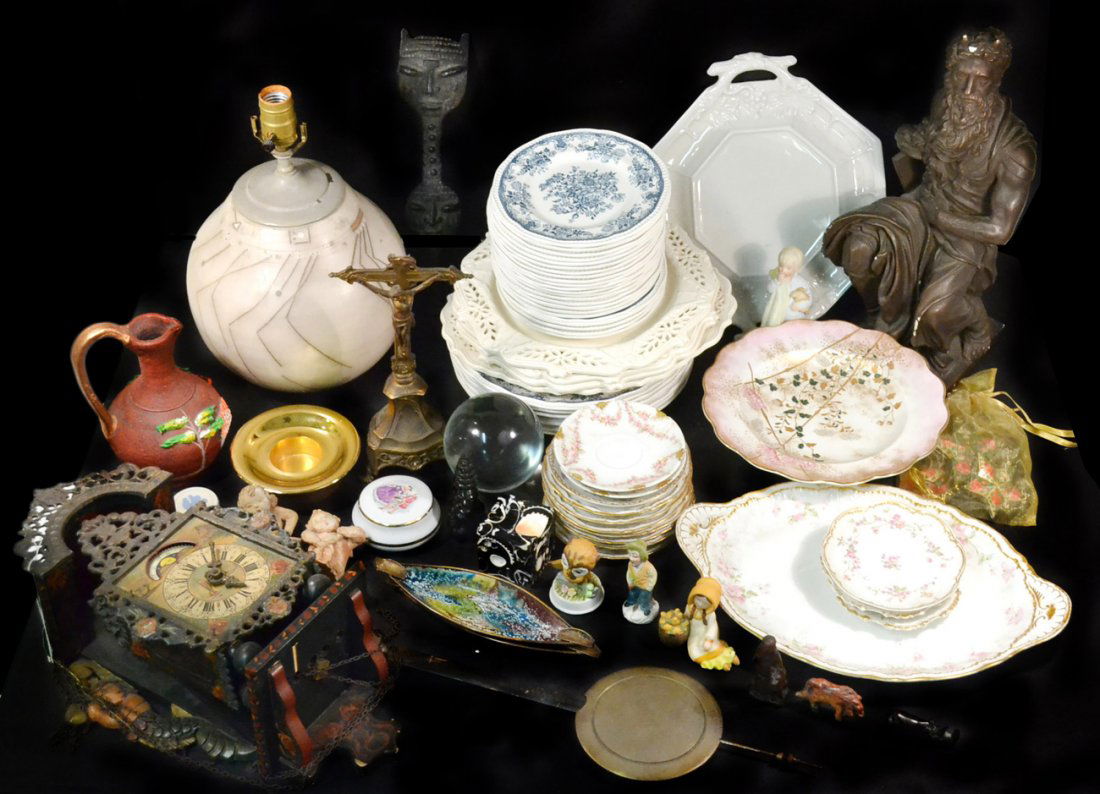 Large Assortment of Decorative Articles: Includes ceramic plates, plaster figure of Moses, studio pottery lamp, and more. 50+ pieces. All items "as is".