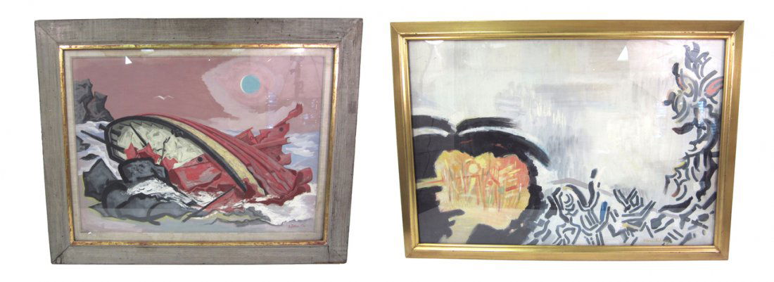 Two Works, E. Fiene and K. Schrag: Two ink and gouaches on carton board. Comprises: 1.) Ernest Fiene, abstract shipwreck. Signed bottom right "E. Fiene, '52". [Art: 29 1/2" x 21 1/2"; Frame: 38 3/4" x 31"]. 2.) Karl Schrag, abstract co