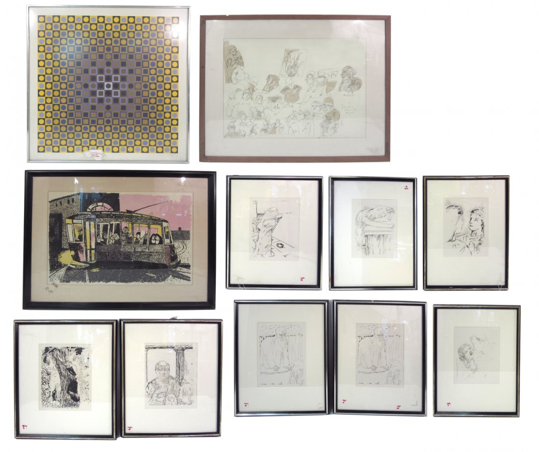 Print Group: Bonnard, Vasarely, & Others: Comprises: 1.) Pierre Bonnard, 8 etchings, various figural studies (two duplicates). [Images approx: 9" x 11"; Frame: 17 1/4" x 21 1/4"]. Light toning. 2.) Jose Luis Cuevas, etching, figures with insc