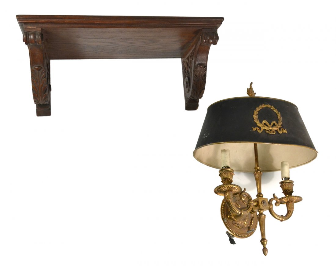 Two Articles - Sconce and Bracket: Comprises carved oak bracket and a French two-light tole and bronze sconce. [Sconce: 17 1/2" H]. Bracket lacking shelf and sconces with oxidation to lamp shade.