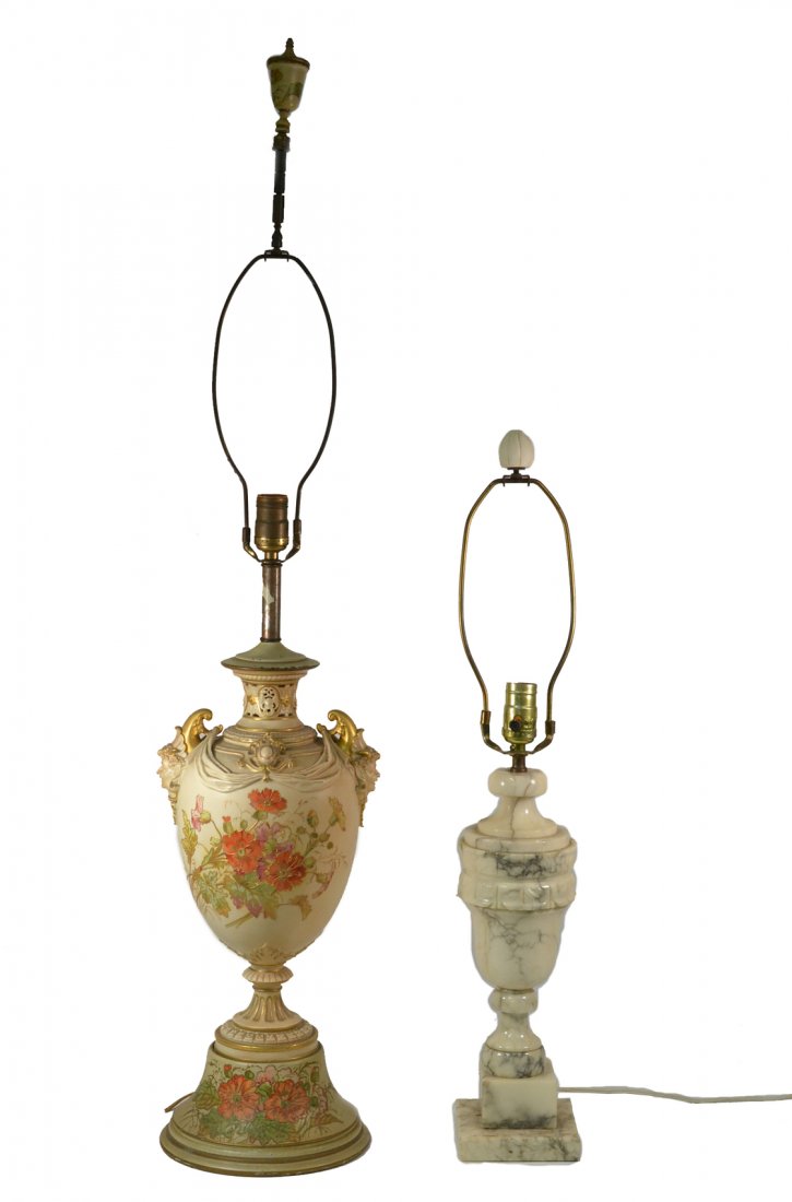 Two Vase Lamps: Comprises: 1.) Carved marble. 2.) Porcelain in the manner of Royal Worcester. [Larger: 24" H (to socket)]. Overall good condition.
