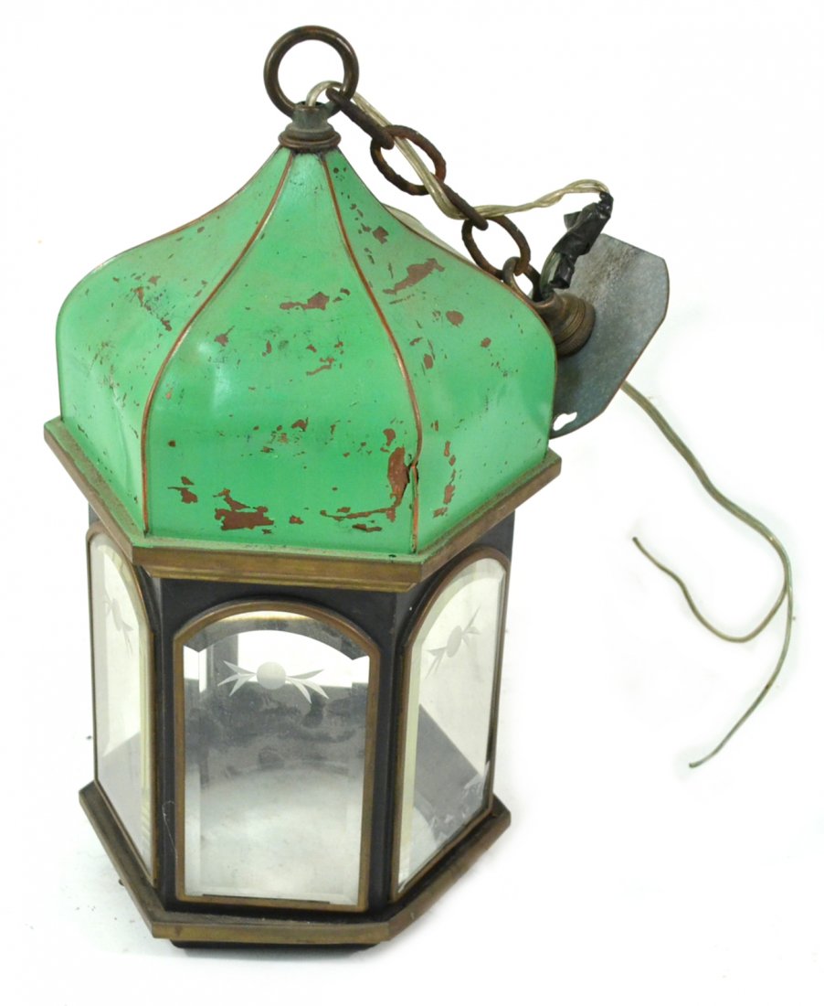 Eastern European Tole Lantern: Vintage hexagonal lantern with dome-top beveled glass panes and etched accents. [7 3/4" dia x 16" H]. Shallow dents and paint loss.