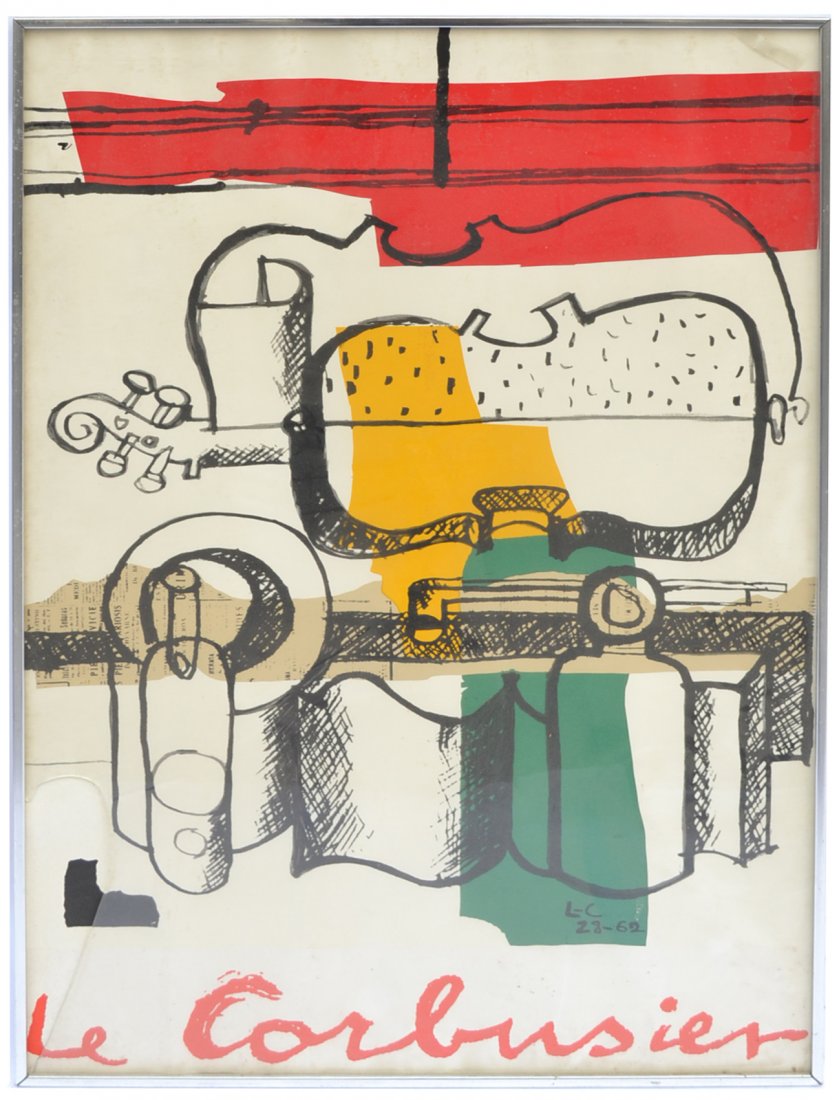 Le Corbusier Offset Lithograph Poster: Vintage abstract composition with stringed instrument, newsprint, and bottles. Signed and initialed in-the-matrix with date "28-62". [Image: 23 5/8" x 35 5/8"; Frame: 24 1/4" x 36 1/4"]. Toning and ad