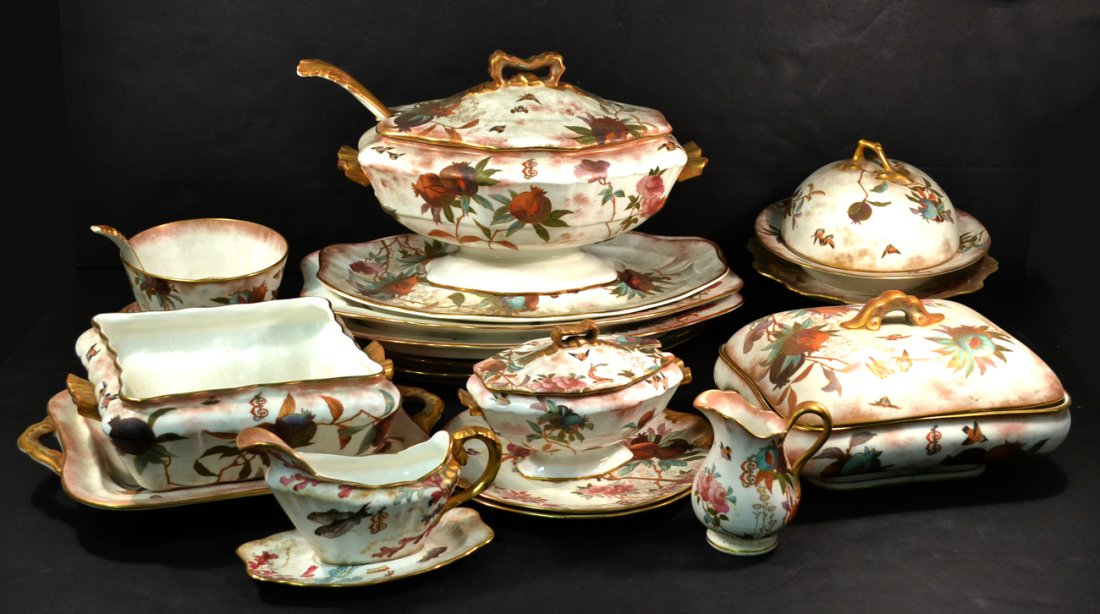 24+ Piece Royal Doulton Dinner Service: Part service comprises tureen and underplatter, covered desk bowl, ladle, sauce tureen, open casserole, two service dishes, small meat platter, five suacers. Slight flaking but overall good condition.