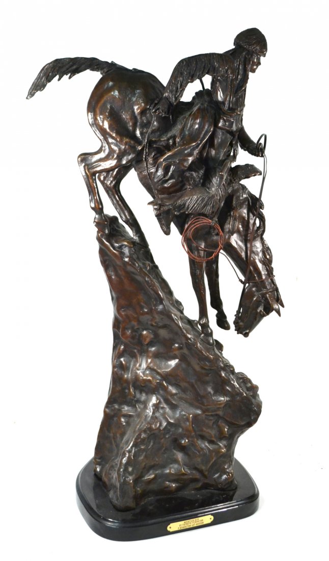 After Frederic Remington, "Mountain Man": Reproduction bronze sculpture, titled "Mountain Man." [Sculpture only: 27" H; Overall: 28" H]. Good condition.