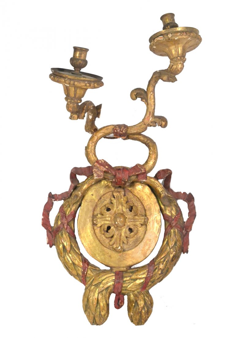 Antique Carved Wood and Gesso Sconce: Non-electrified two light sconce with leafy scrolling arms and wreath-form back plate bearing acanthus leaf accent at center. [11" W x 9" D x 21 1/4" H]. Cracks, chips, and losses. Sold as is.