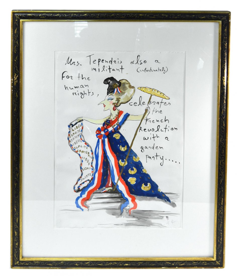 Konstantin Kakanias - "Mrs. Tependris": A watercolor. "Mrs. Tependris also a militant (unfortunately) for the human rights, celebrates the French Revolution with a garden party". [Art: 23 1/2" x 31"; Frame: 26" x 33"]. Good condition.