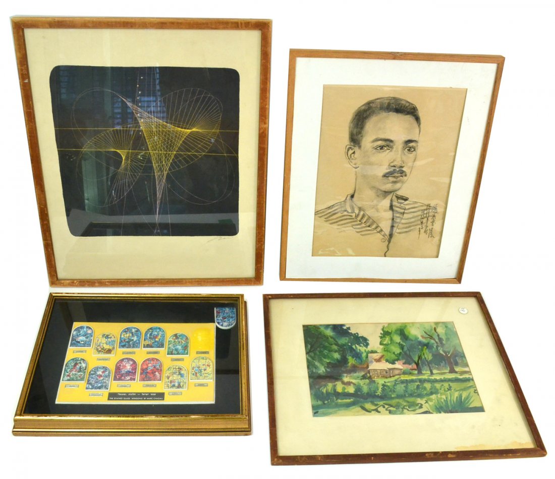 Four Framed Works on Paper: Comprises: 1.) Miniature printed replicas of Marc Chagall's stained glass windows representing The 12 Tribes of Israel. [Frame: 16 7/8" x 12 7/8"]. 2.) Middle Eastern charcoal portrait of a young man 
