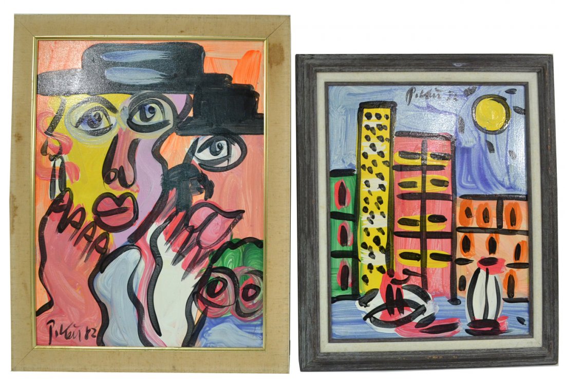 Peter R. Keil, Two Acrylic on Canvases: Comprises: 1.) Abstract composition with two figures in hats. Signed bottom left "P. Keil 82". [Art: 17 1/2" x 23 1/2"; Frame: 21 1/2" x 27 1/2"]. 2.) Abstract NYC skyline with river and sailboats. Si