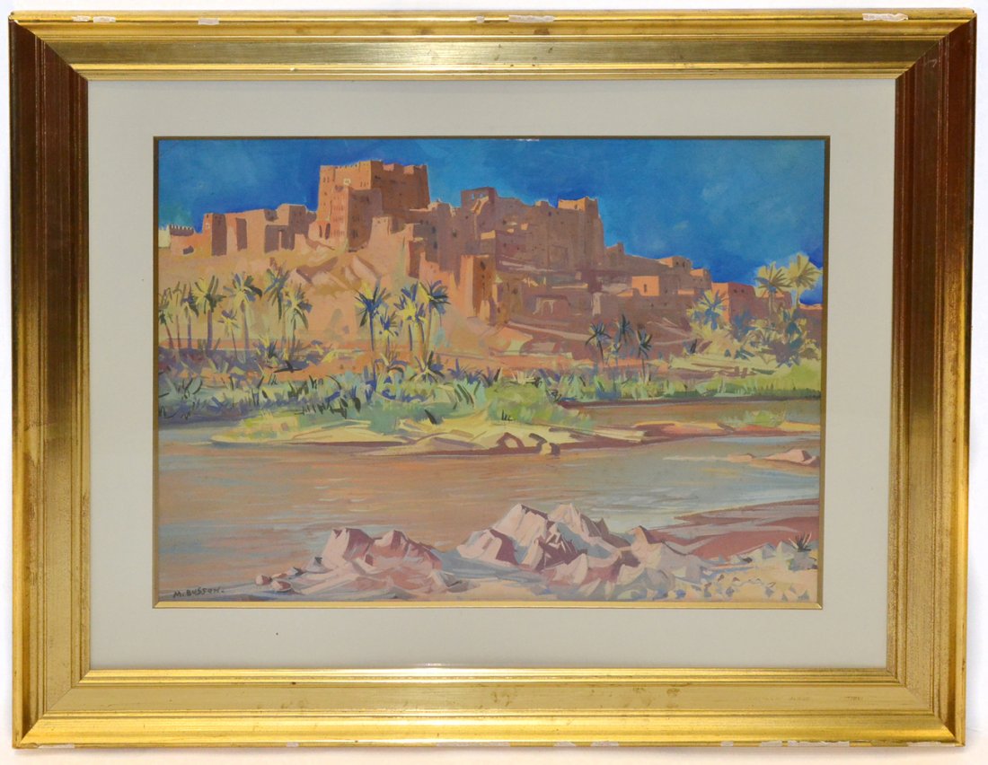 Marcel Busson - Village and a River: Framed painting of a Moroccan village scene near a river. Tear on the upper left corner, some losses to frame. Signed lower left. [Art: 24" x 19"; Frame: 29" x 35 1/2"].