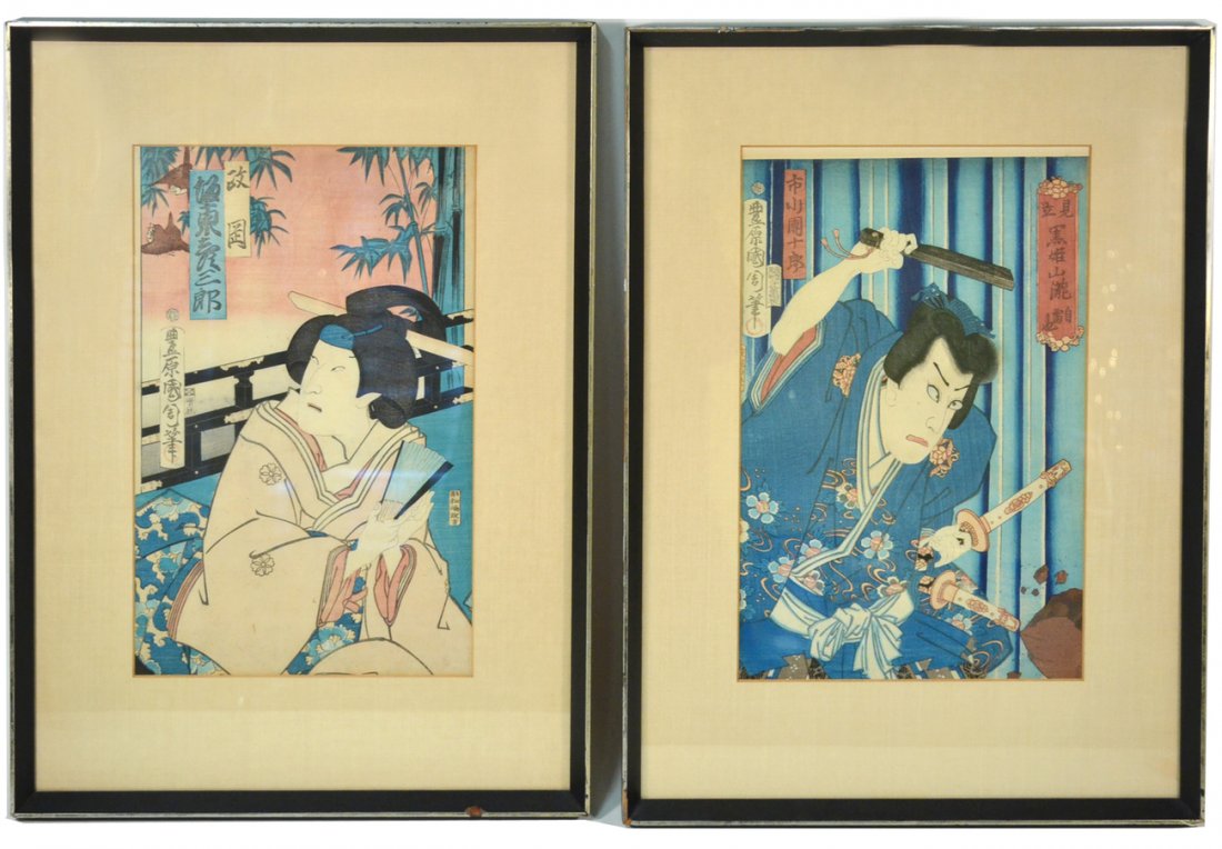 Pair of Vintage Ukiyo-e Prints: Comprises: 1.) Swordsman with hand fan. Signed and inscribed calligraphically at top left and right. [Art: 9" x 13 3/4"; Frame: 15 1/8" x 20 1/8"]. Light toning. 2.) Noblewoman with swallows and hand 
