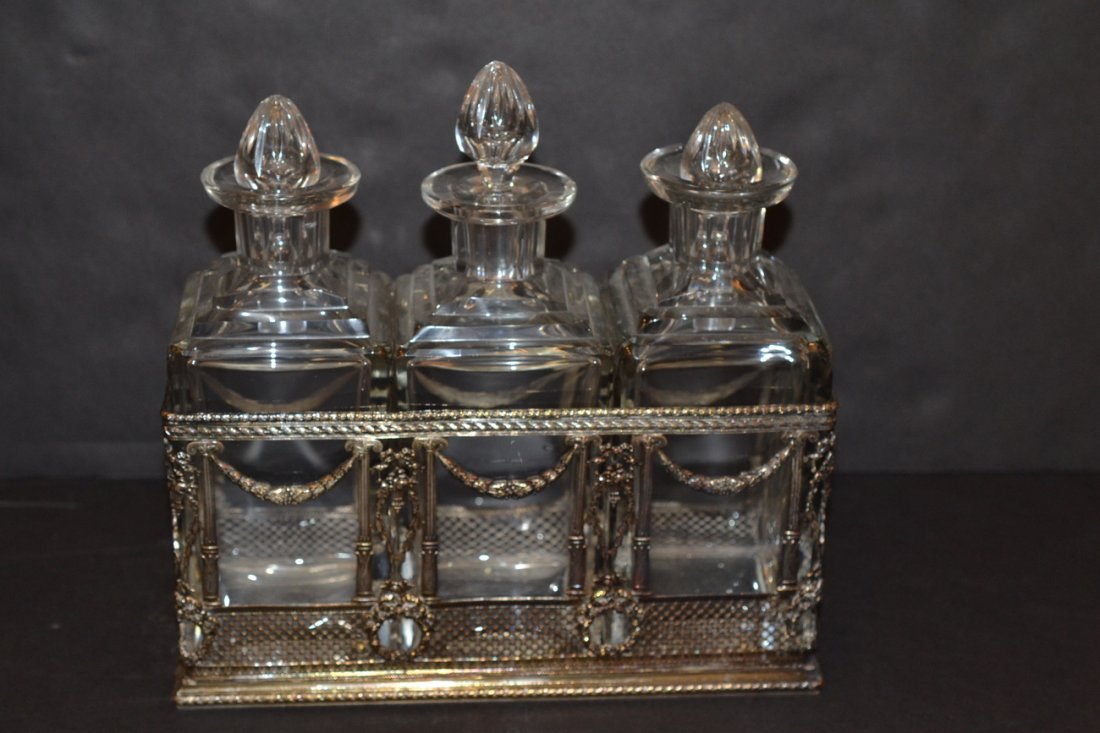 Silver Plate and Crystal 3-Bottle Stand: Stoppers replaced. 14.58 ozt.