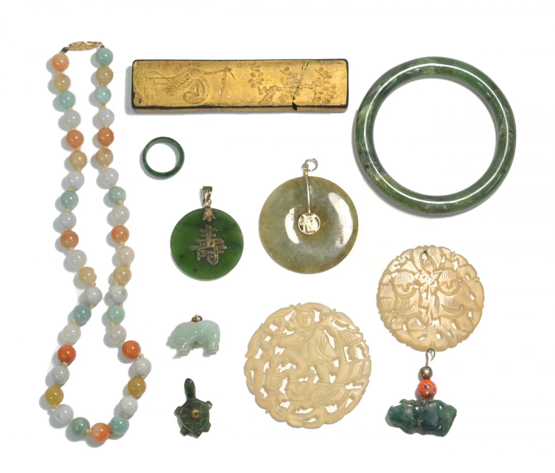Assorted Asian Jade Jewelry: Comprises: bangle, spinach jade bi pendants, animal pendants, ring, reticulated figural pendants, and a hardstone necklace. Accompanied by a repaired carved and gilt obsidian element 4 1/8" long. 11 i