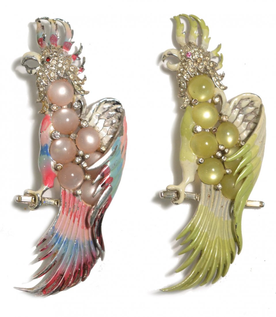 Two Costume Cockatoo Pins: Each mounted with glass cabochons and paste stones. Pink and chartreuse. Losses to enamel.