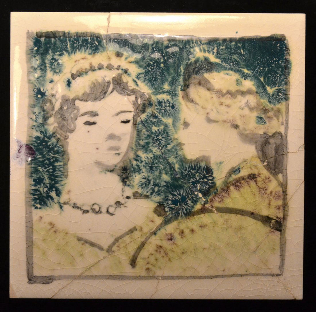 Quentin Bell Painted Ceramic Tile: Entitled "Debutantes". Retains Davis & Langdale label on verso (Number: DLA2147). [6" x 6" x 1/4"]. Significant restoration.